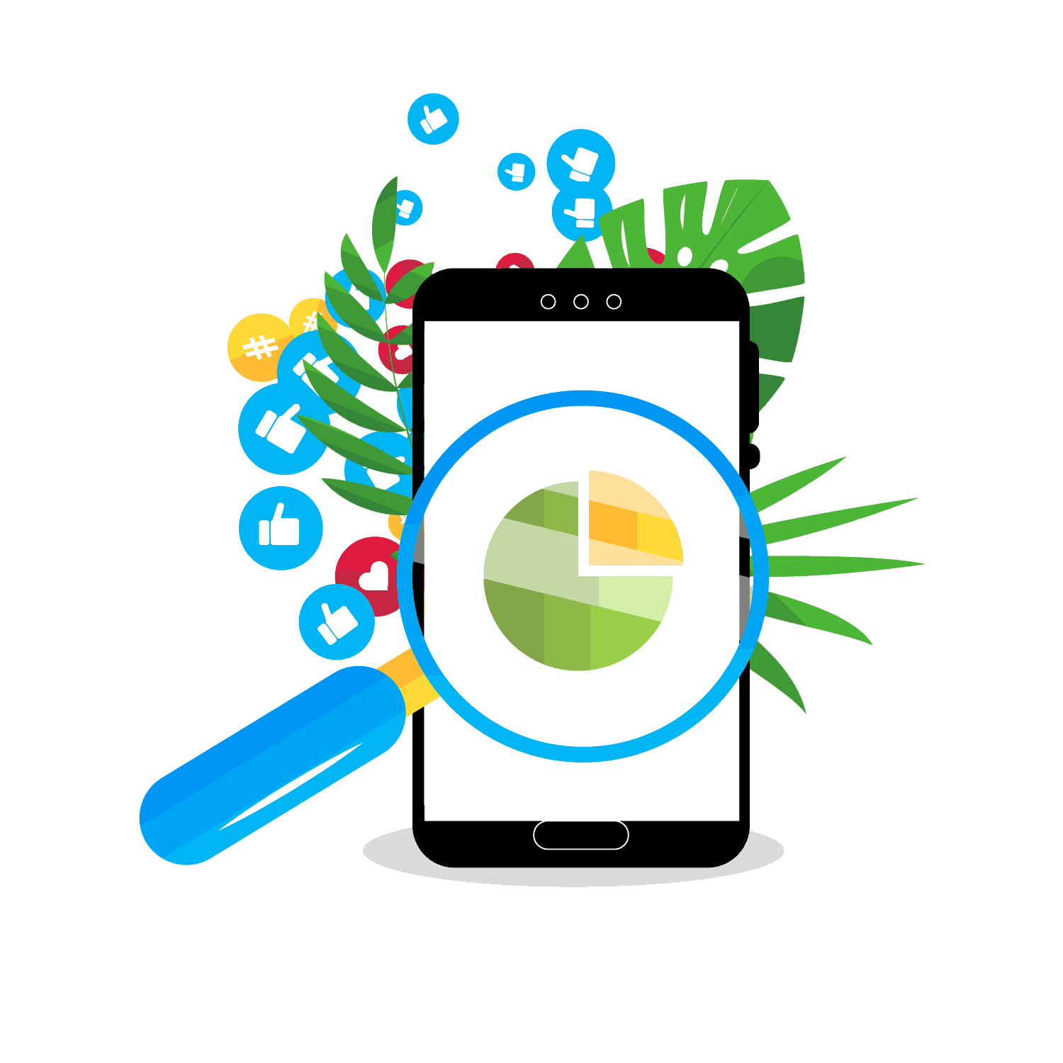 Graphic showing social media icons layered together with text describing social media marketing services.